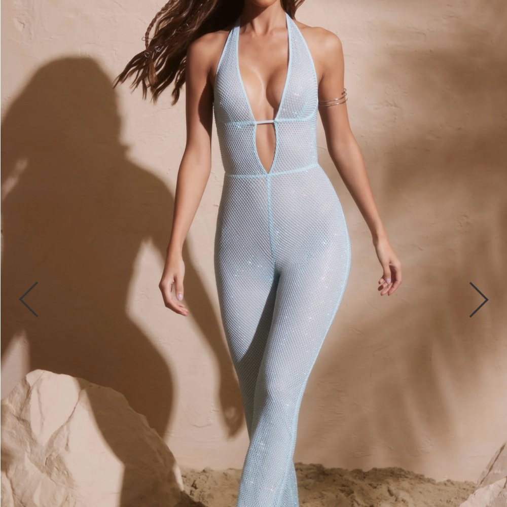 Oh Polly Sheer Light Blue Glitter Jumpsuit
